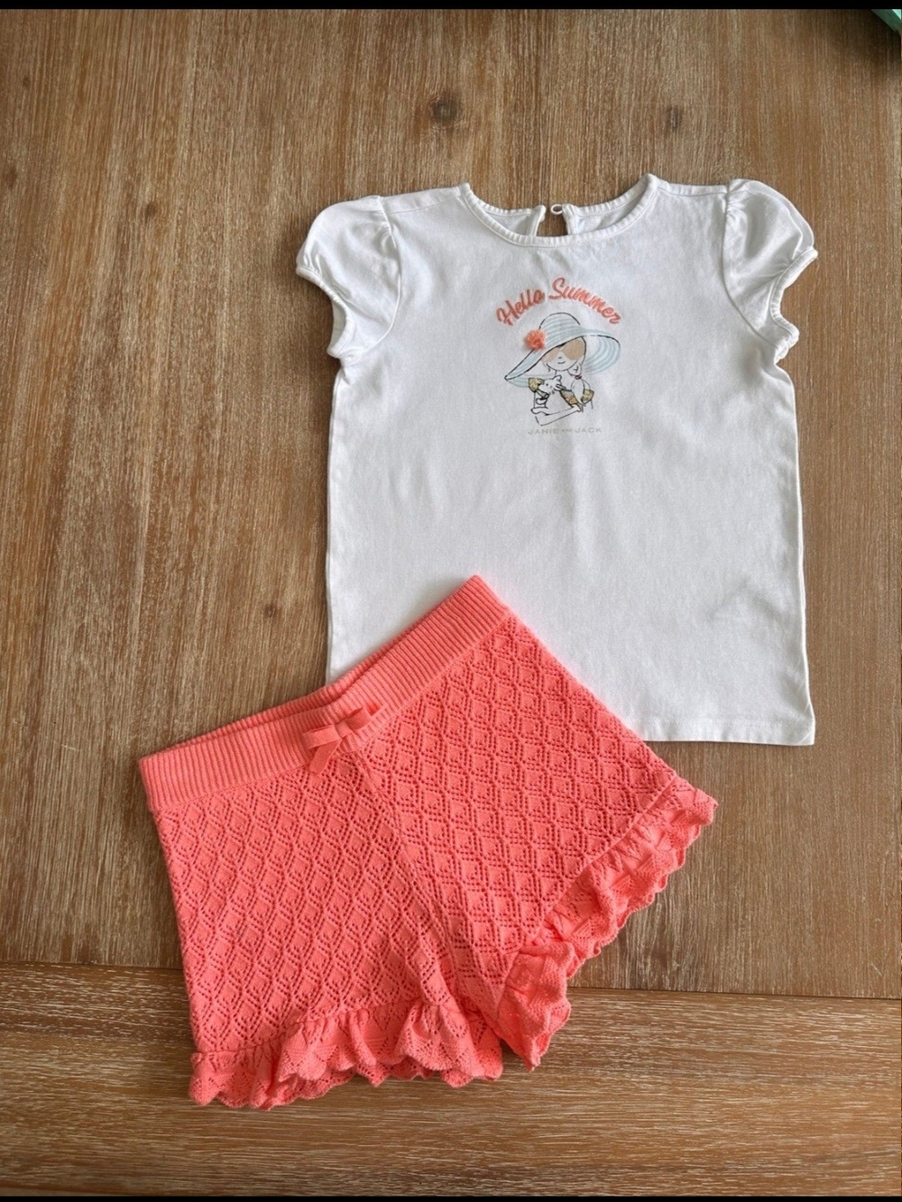 Janie and Jack White Graphic Tee with Coral Knit Shorts Pajama Set